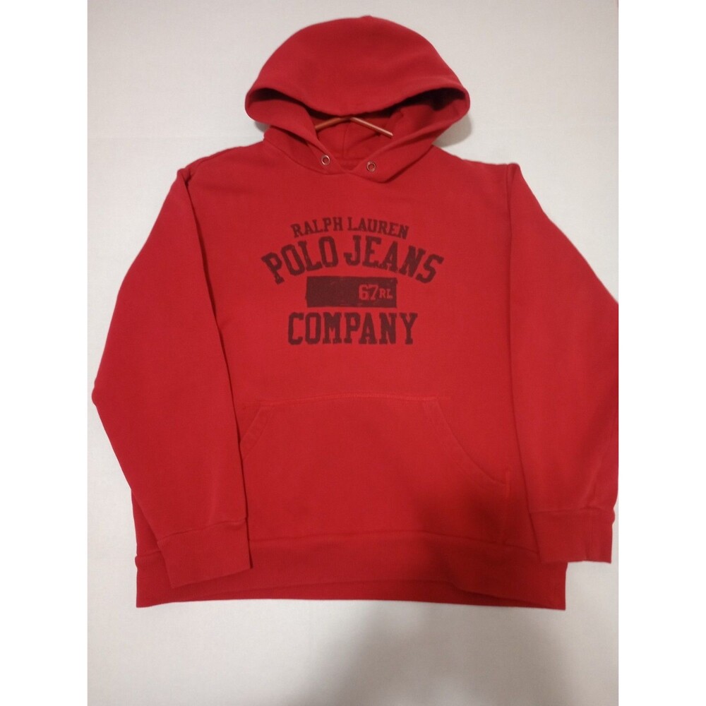 Vintage 90's Polo Jeans Ralph Lauren Red Spellout Cotton Hoodie Sweatshirt Large